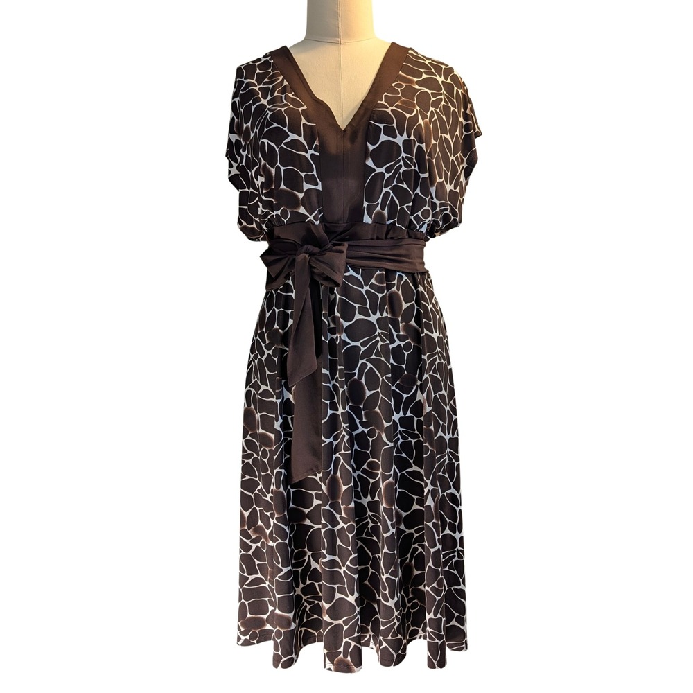Glamour‎ 22W Brown White Giraffe Print V Neck Midi Dress Belted Flutter Sleeve